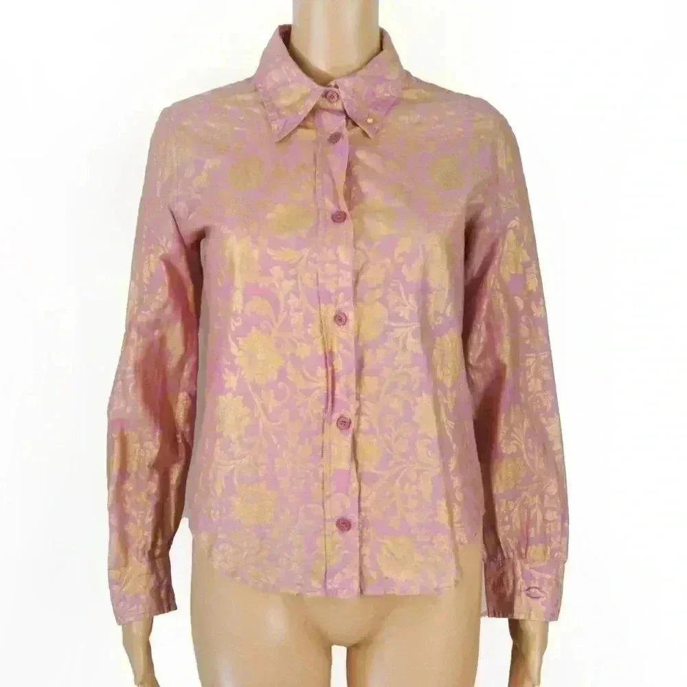 Vintage Y2K Just Cavalli Pink Metallic Gold Floral Wax Finish Long Sleeve Blouse